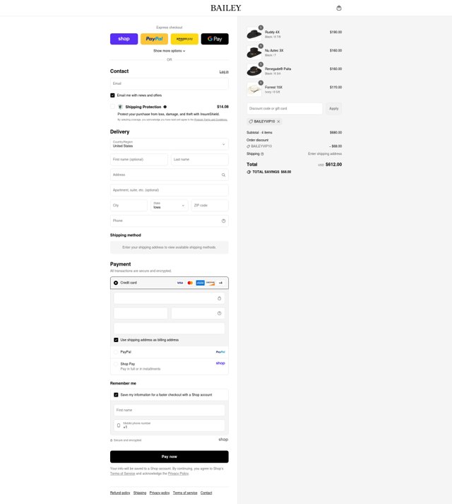 Bailey Hats checkout page showing Bailey Hats discount code box | Screenshot taken by SimplyCodes community member on Aug 31, 2025