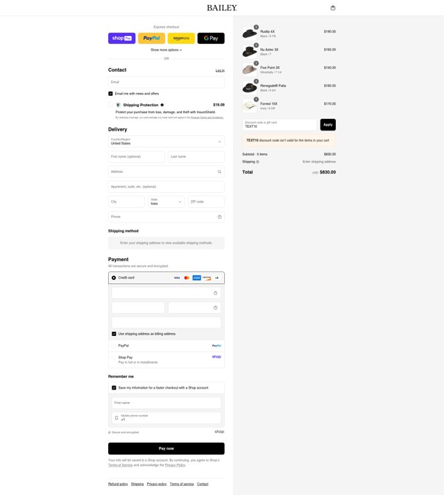 Bailey Hats checkout page showing Bailey Hats discount code box | Screenshot taken by SimplyCodes community member on Aug 23, 2025