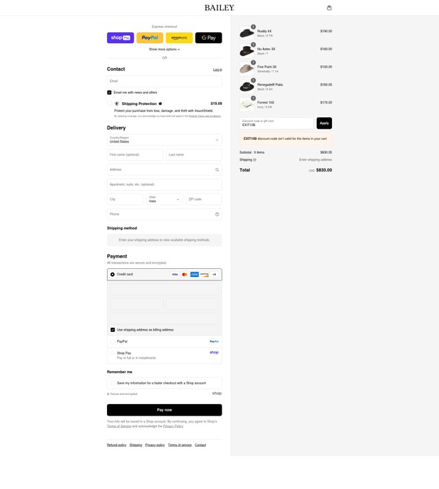 Bailey Hats checkout page showing Bailey Hats discount code box | Screenshot taken by SimplyCodes community member on Aug 27, 2025