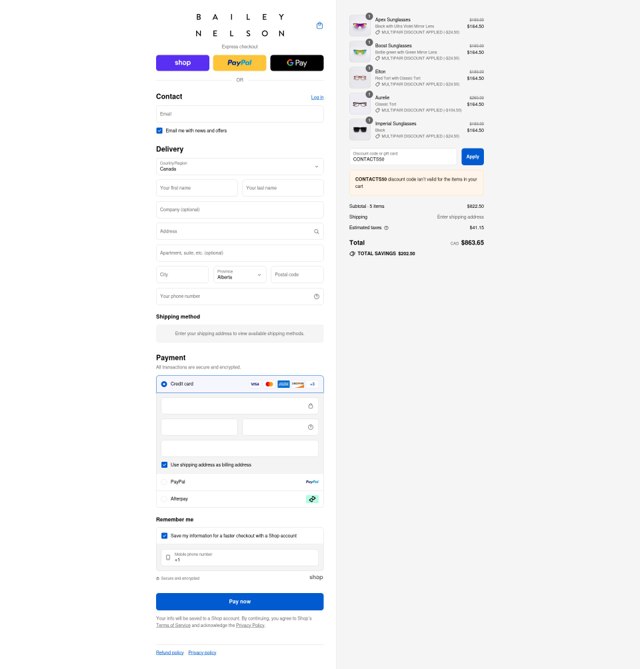 Bailey Nelson checkout page showing Bailey Nelson promo code box | Screenshot taken by SimplyCodes community member on Sep 7, 2025