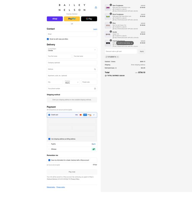Bailey Nelson checkout page showing Bailey Nelson promo code box | Screenshot taken by SimplyCodes community member on Sep 7, 2025