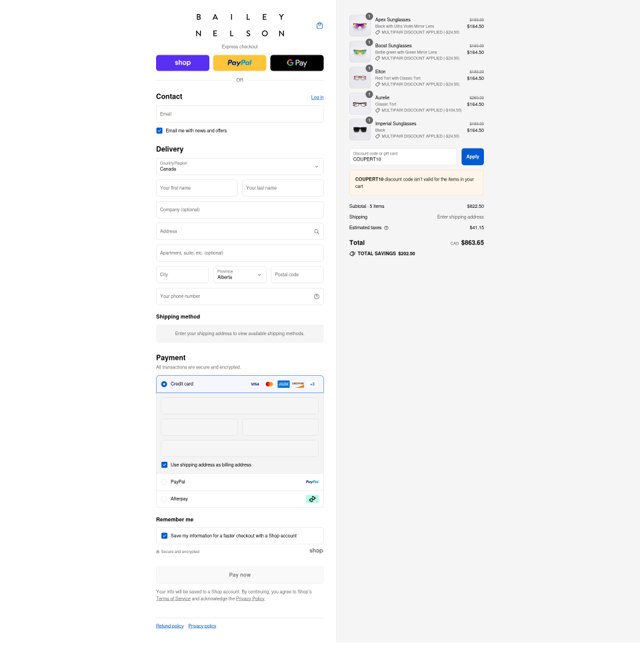 Bailey Nelson checkout page showing Bailey Nelson promo code box | Screenshot taken by SimplyCodes community member on Sep 7, 2025