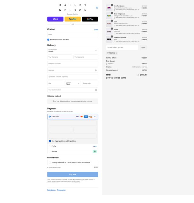 Bailey Nelson checkout page showing Bailey Nelson promo code box | Screenshot taken by SimplyCodes community member on Sep 7, 2025