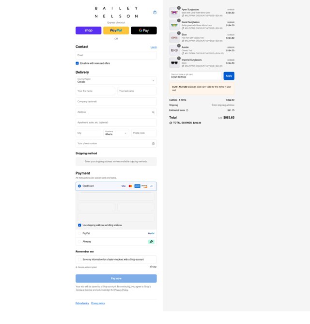 Bailey Nelson checkout page showing Bailey Nelson promo code box | Screenshot taken by SimplyCodes community member on Sep 3, 2025