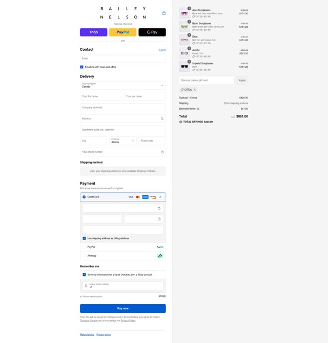 Bailey Nelson checkout page showing Bailey Nelson promo code box | Screenshot taken by SimplyCodes community member on Sep 7, 2025