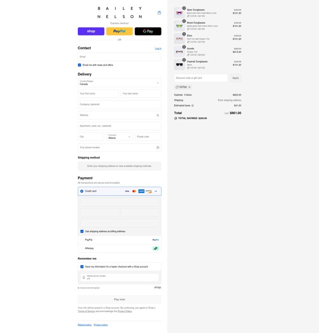 Bailey Nelson checkout page showing Bailey Nelson promo code box | Screenshot taken by SimplyCodes community member on Sep 3, 2025