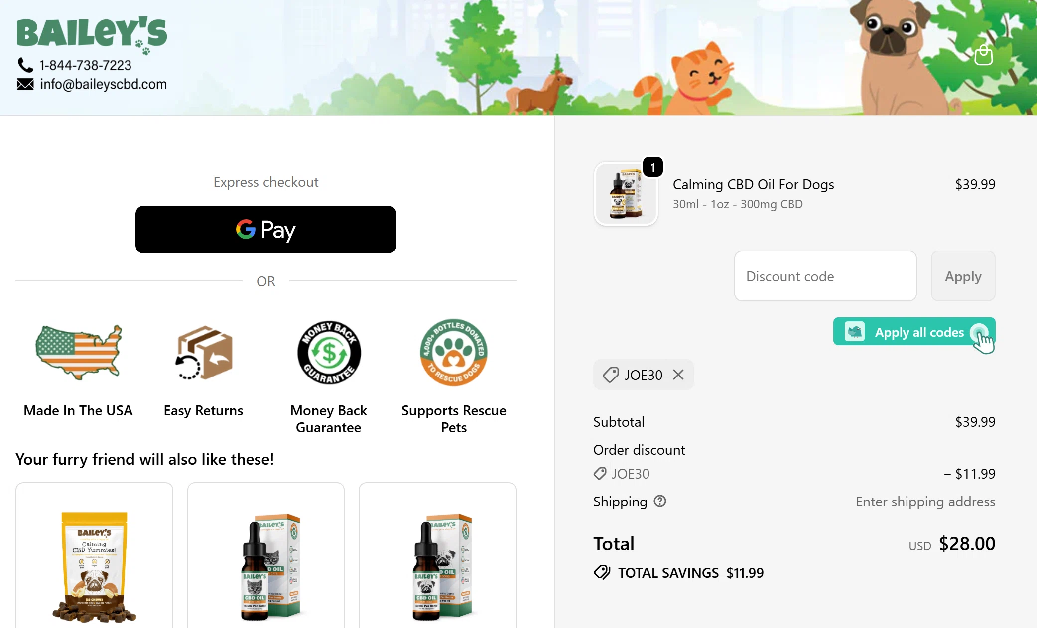 Bailey's CBD promo code screenshot showing code JOE30 applied at Bailey's CBD checkout page. Uploaded by SimplyCodes community member SmartBoss on Dec 22, 2025