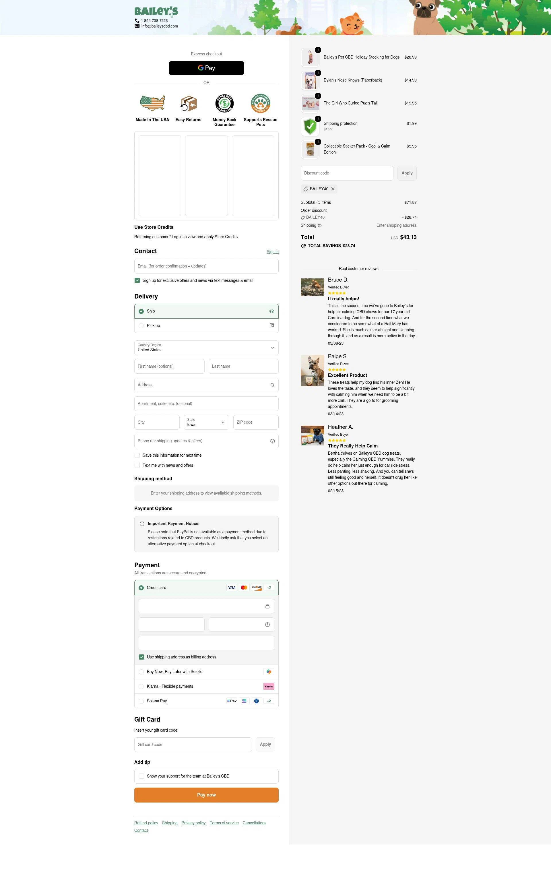 Bailey's CBD checkout page showing Bailey's CBD promo code box | Screenshot taken by SimplyCodes community member on Jan 6, 2026
