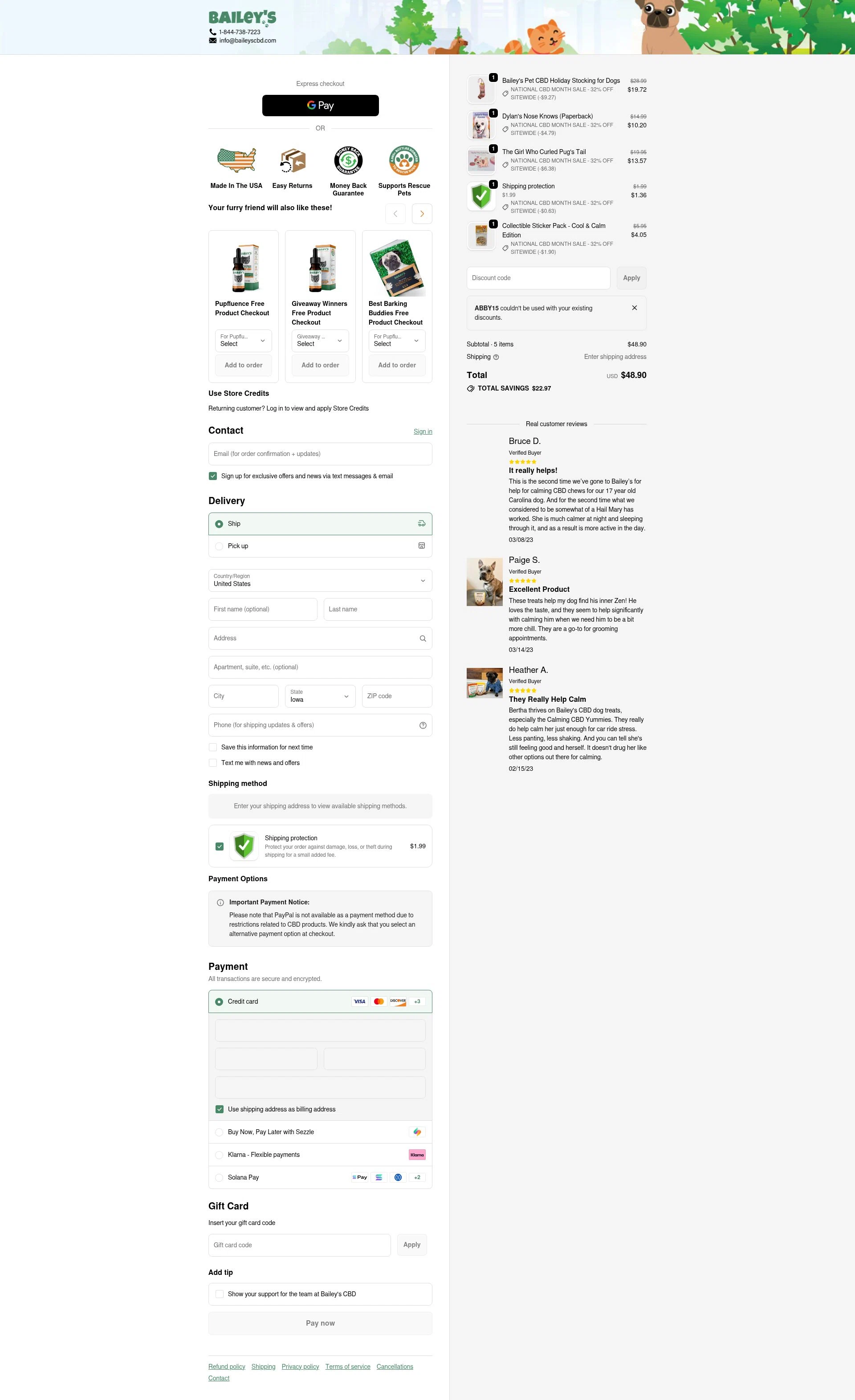 Bailey's CBD checkout page showing Bailey's CBD promo code box | Screenshot taken by SimplyCodes community member on Jan 11, 2026