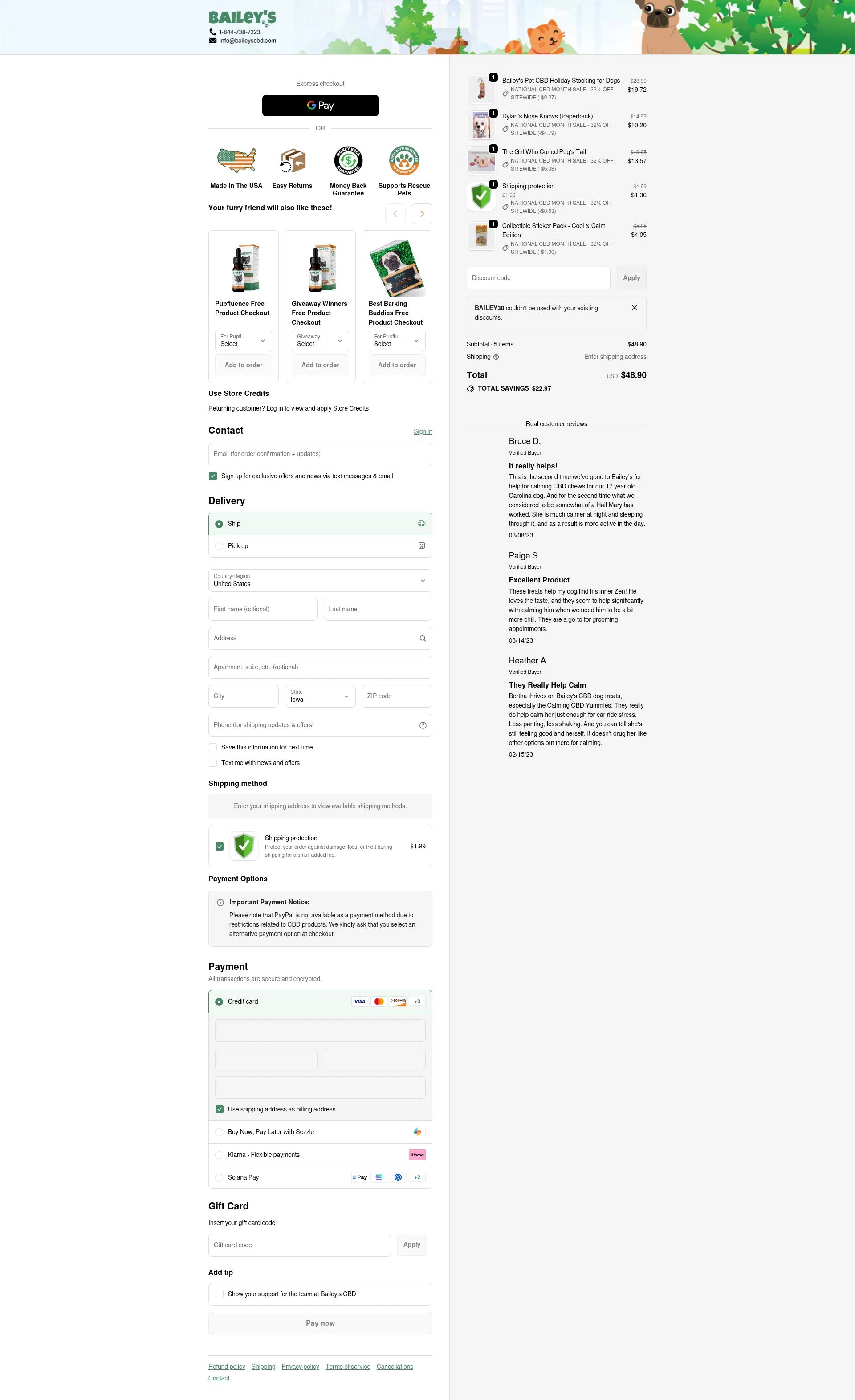 Bailey's CBD checkout page showing Bailey's CBD promo code box | Screenshot taken by SimplyCodes community member on Jan 6, 2026