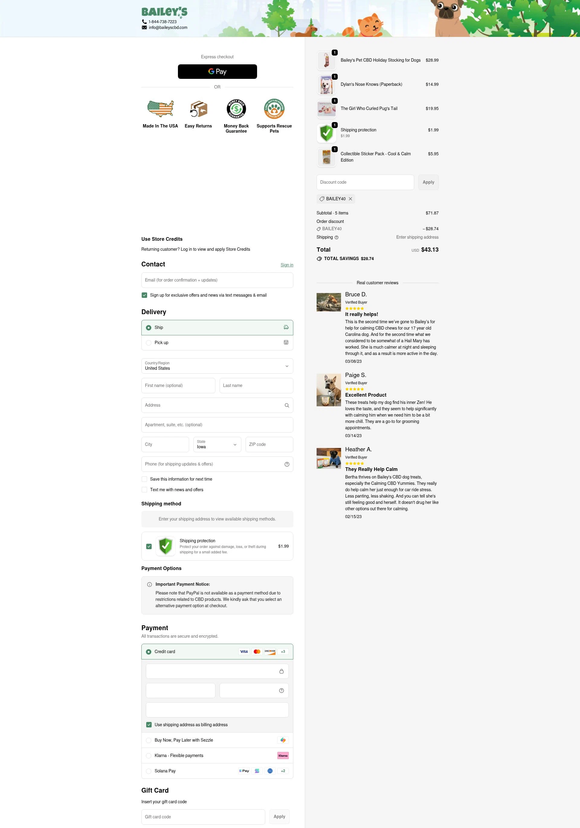 Bailey's CBD checkout page showing Bailey's CBD promo code box | Screenshot taken by SimplyCodes community member on Jan 11, 2026