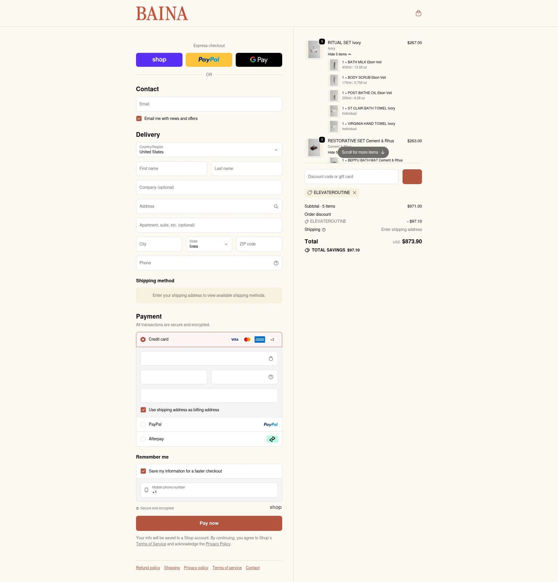 Baina checkout page showing Baina discount code box | Screenshot taken by SimplyCodes community member on Dec 24, 2025