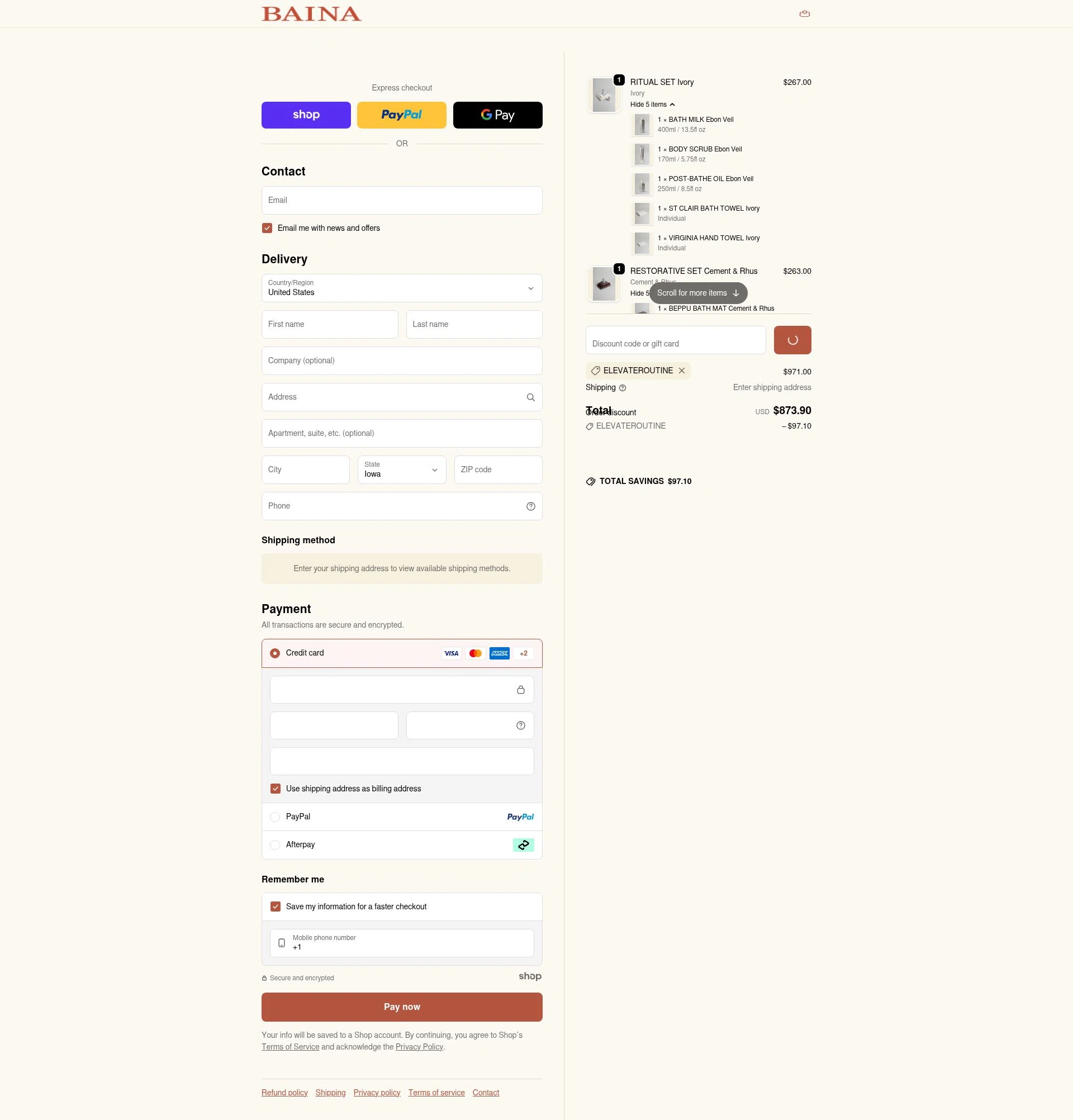 Baina checkout page showing Baina discount code box | Screenshot taken by SimplyCodes community member on Dec 17, 2025