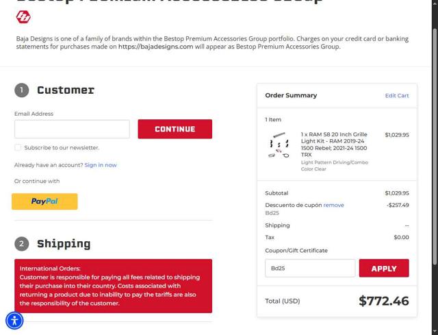Baja Designs checkout page showing Baja Designs coupon code box | Screenshot taken by SimplyCodes community member on Apr 20, 2025