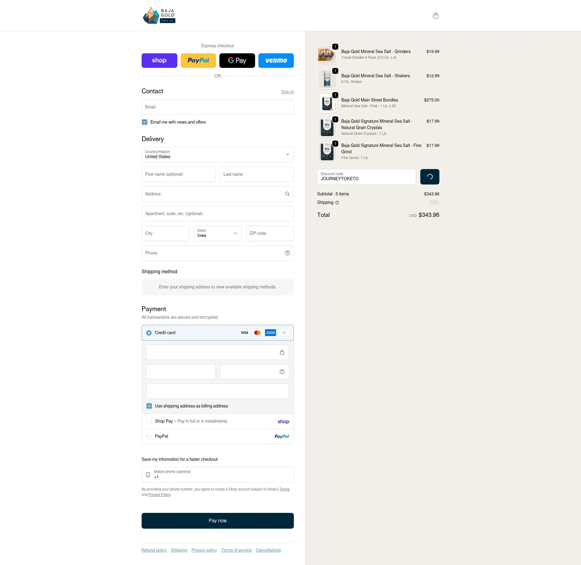 Baja Gold Salt Co checkout page showing Baja Gold Salt Co promo code box | Screenshot taken by SimplyCodes community member on Feb 9, 2026