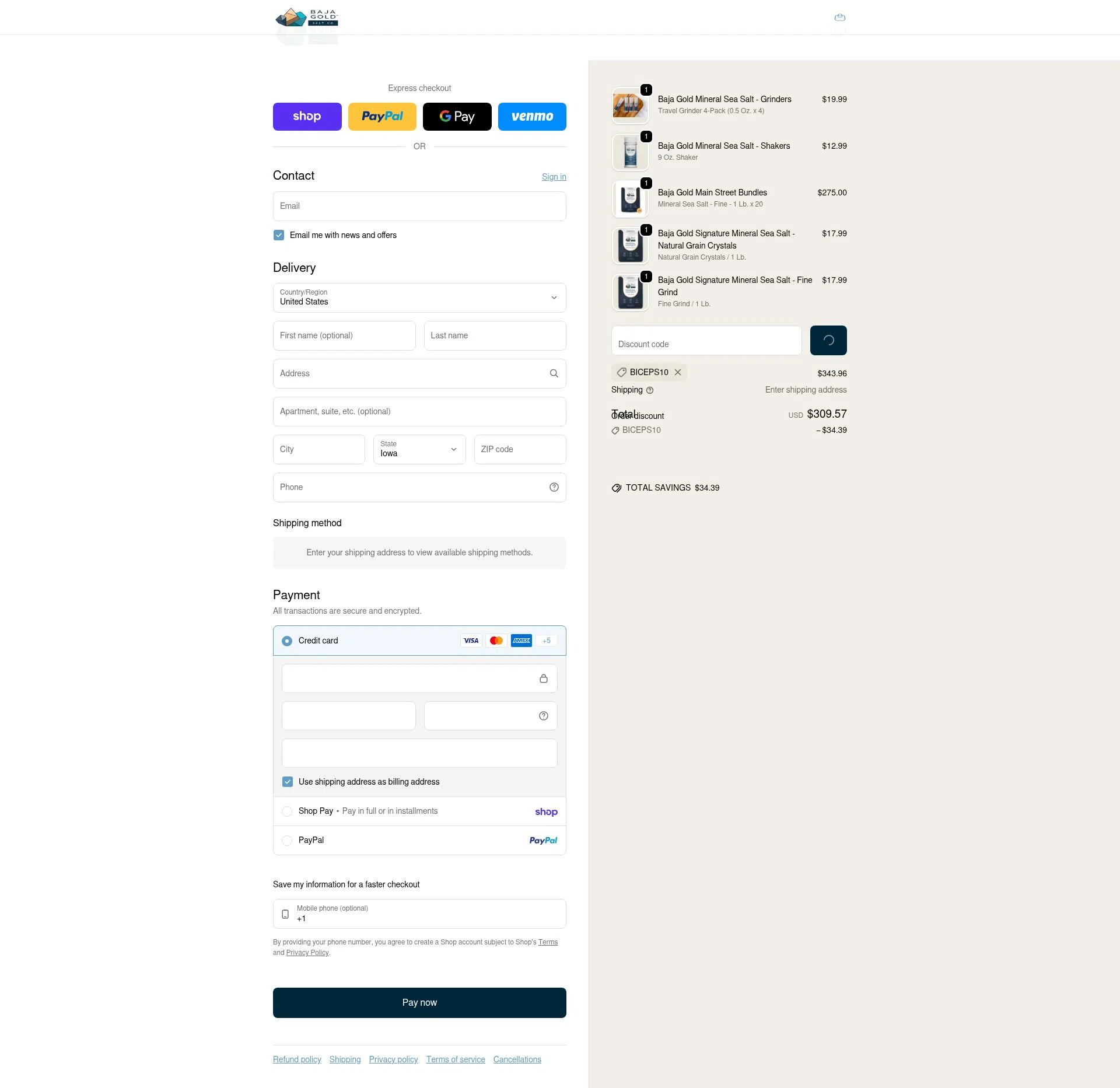Baja Gold Salt Co checkout page showing Baja Gold Salt Co promo code box | Screenshot taken by SimplyCodes community member on Feb 9, 2026