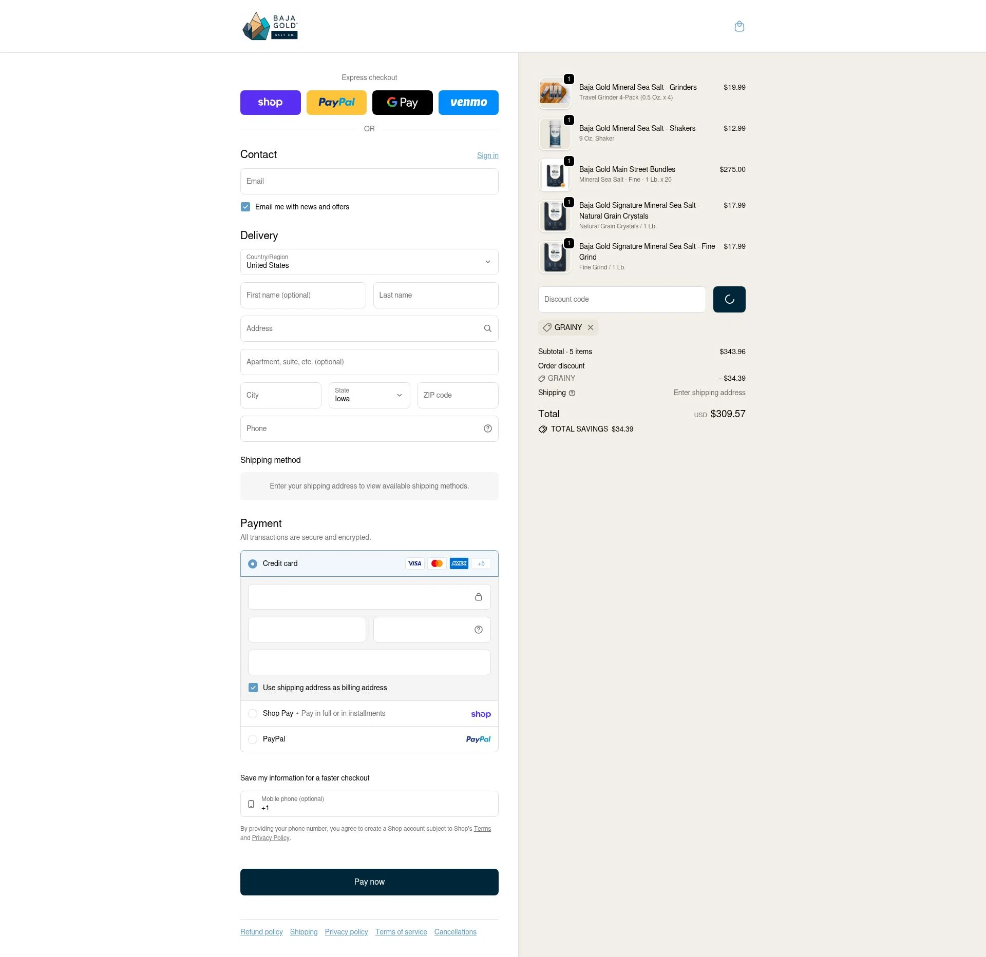 Baja Gold Salt Co checkout page showing Baja Gold Salt Co promo code box | Screenshot taken by SimplyCodes community member on Feb 9, 2026