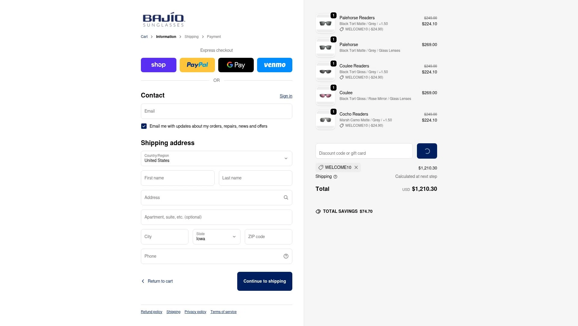 Bajio Sunglasses checkout page showing Bajio Sunglasses discount code box | Screenshot taken by SimplyCodes community member on Feb 18, 2026