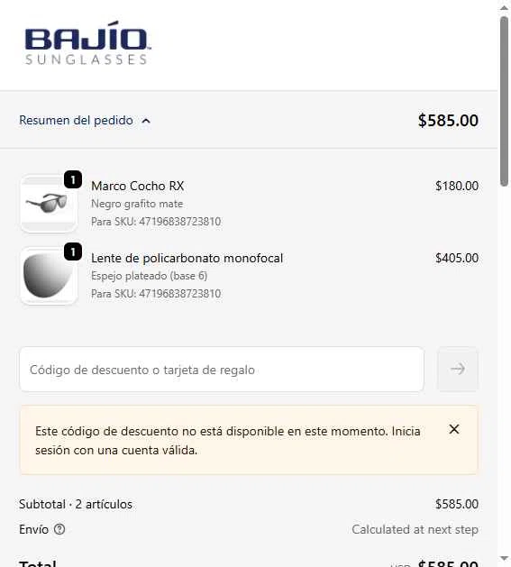 Bajio Sunglasses checkout page showing Bajio Sunglasses discount code box | Screenshot taken by SimplyCodes community member on Feb 11, 2026