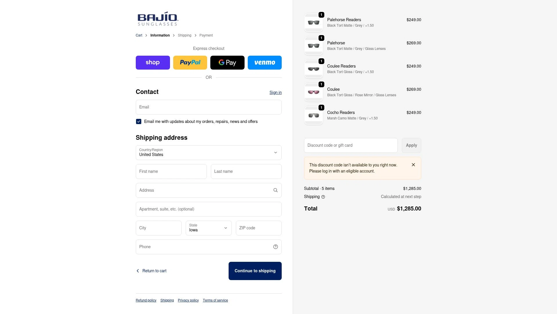 Bajio Sunglasses checkout page showing Bajio Sunglasses discount code box | Screenshot taken by SimplyCodes community member on Feb 17, 2026