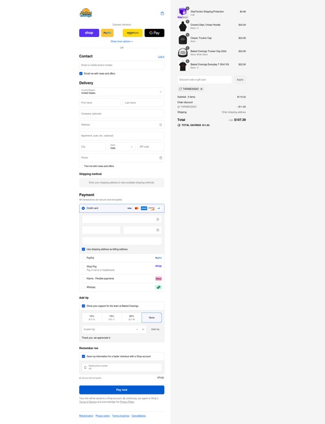 Baked Cravings checkout page showing Baked Cravings discount code box | Screenshot taken by SimplyCodes community member on Sep 4, 2025