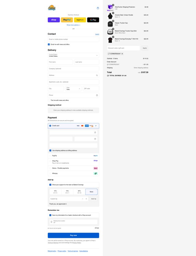Baked Cravings checkout page showing Baked Cravings discount code box | Screenshot taken by SimplyCodes community member on Sep 4, 2025