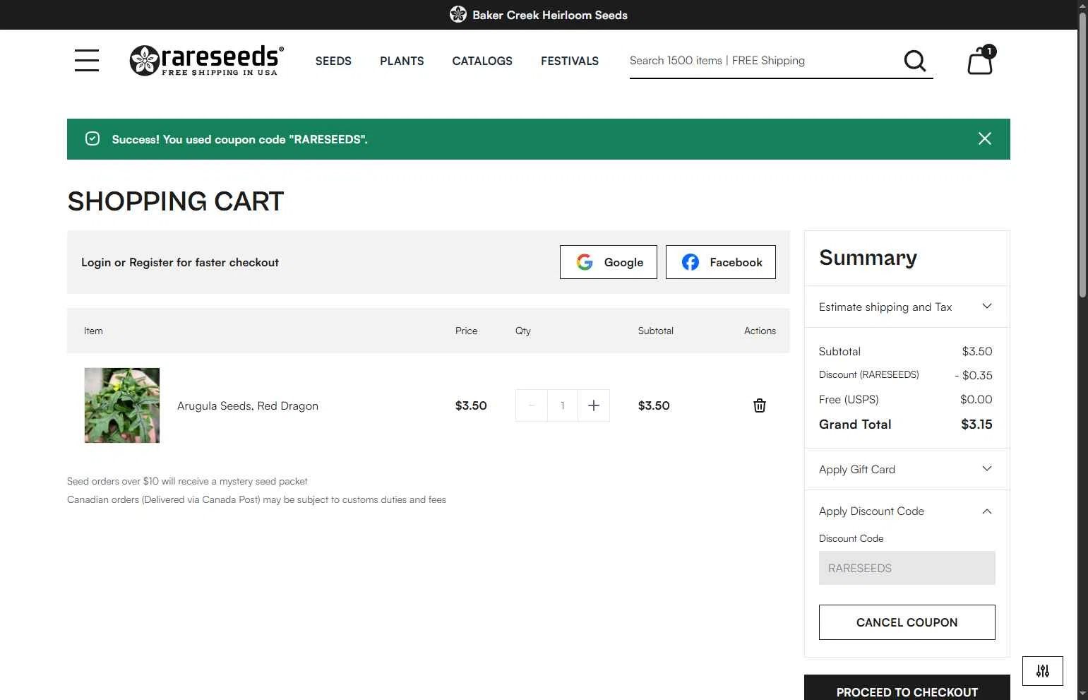 Baker Creek Heirloom Seed Company checkout page showing Baker Creek Heirloom Seed Company promo code box | Screenshot taken by SimplyCodes community member on May 13, 2025