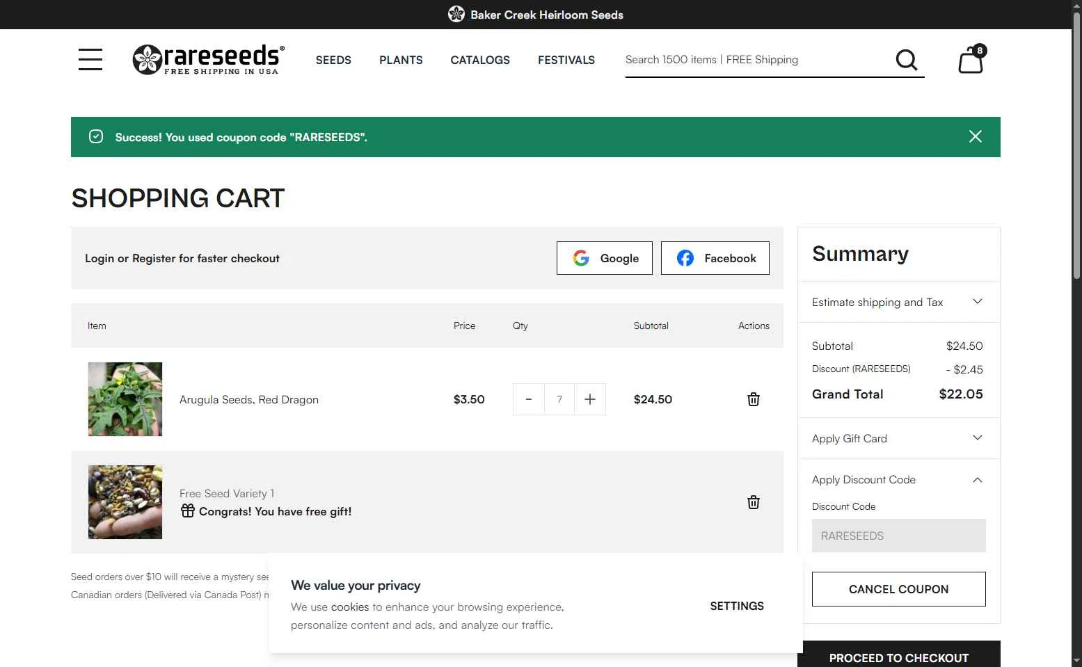 Baker Creek Heirloom Seed Company checkout page showing Baker Creek Heirloom Seed Company promo code box | Screenshot taken by SimplyCodes community member on May 13, 2025