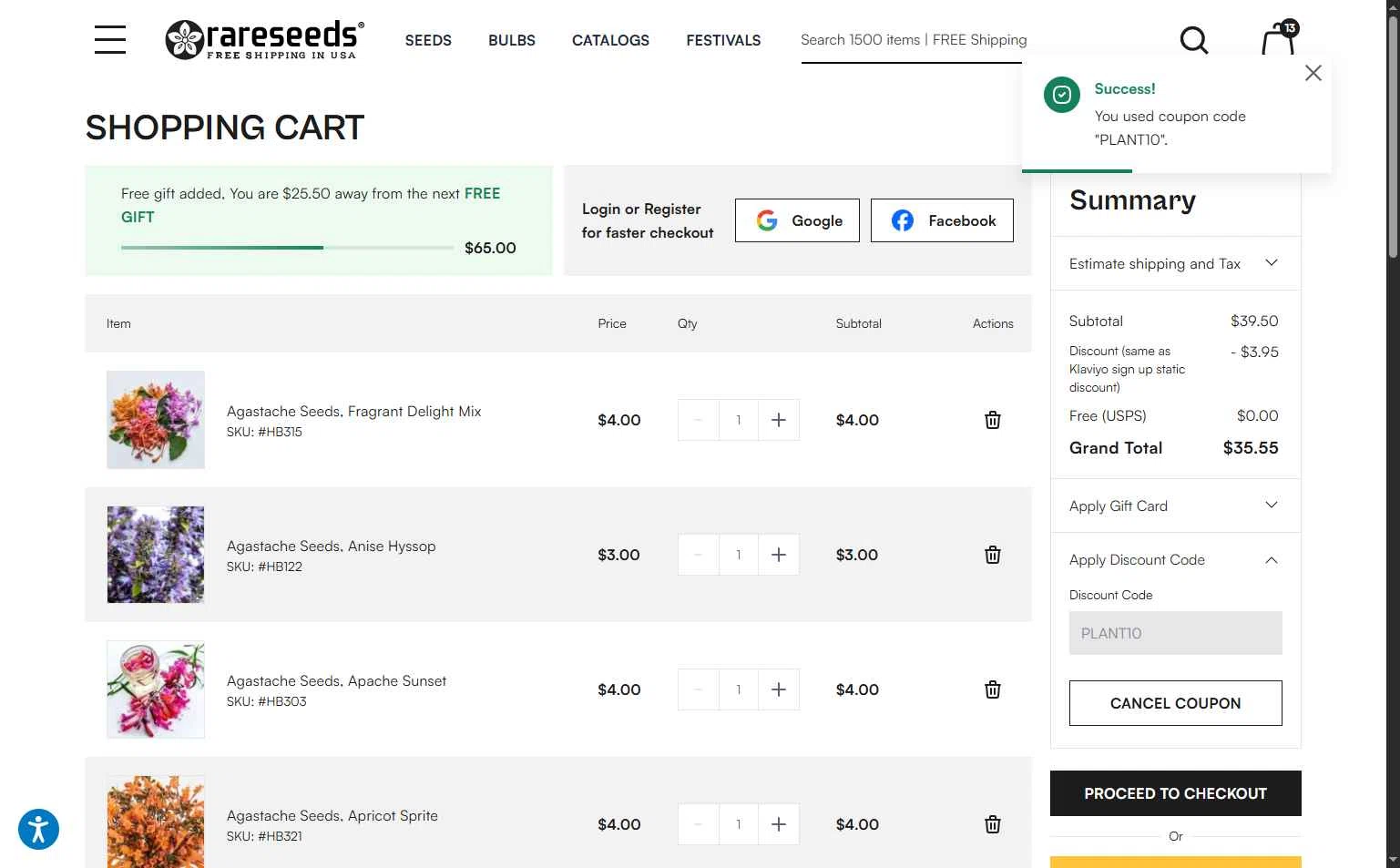 Baker Creek Heirloom Seed Company checkout page showing Baker Creek Heirloom Seed Company promo code box | Screenshot taken by SimplyCodes community member on Oct 10, 2025