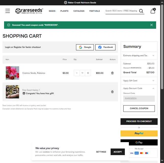 Baker Creek Heirloom Seed Company checkout page showing Baker Creek Heirloom Seed Company promo code box | Screenshot taken by SimplyCodes community member on May 13, 2025