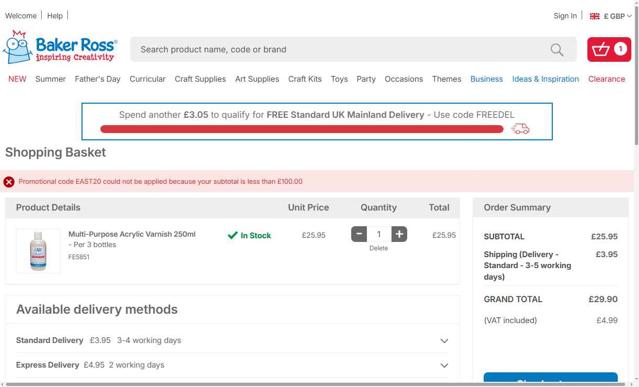 Baker Ross checkout page showing Baker Ross promo code box | Screenshot taken by SimplyCodes community member on May 20, 2025