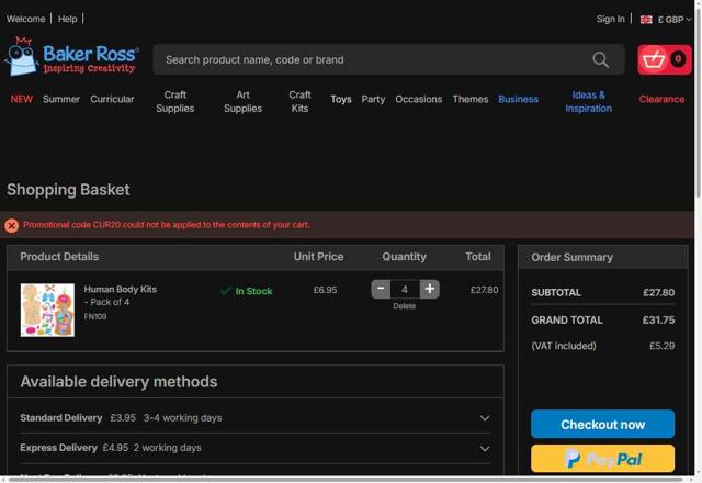 Baker Ross checkout page showing Baker Ross promo code box | Screenshot taken by SimplyCodes community member on Jul 16, 2025