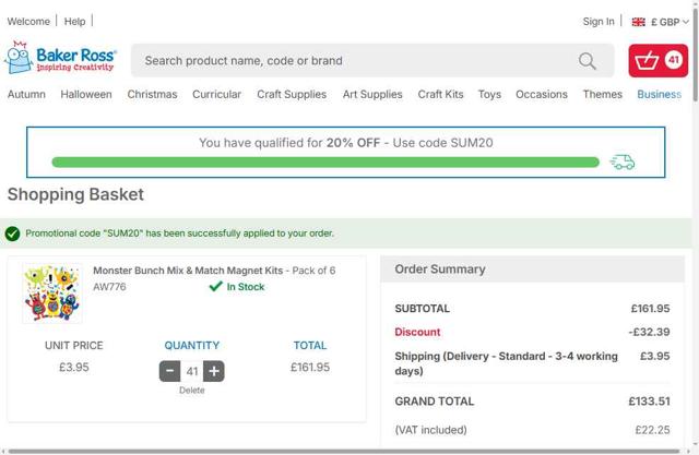 Baker Ross checkout page showing Baker Ross promo code box | Screenshot taken by SimplyCodes community member on Aug 30, 2025