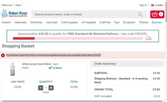 Baker Ross checkout page showing Baker Ross promo code box | Screenshot taken by SimplyCodes community member on Sep 16, 2025
