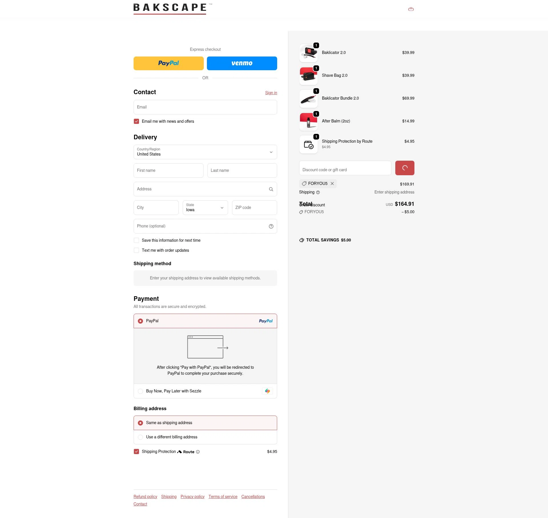 bakscape.com checkout page showing bakscape.com discount code box | Screenshot taken by SimplyCodes community member on Jan 9, 2026