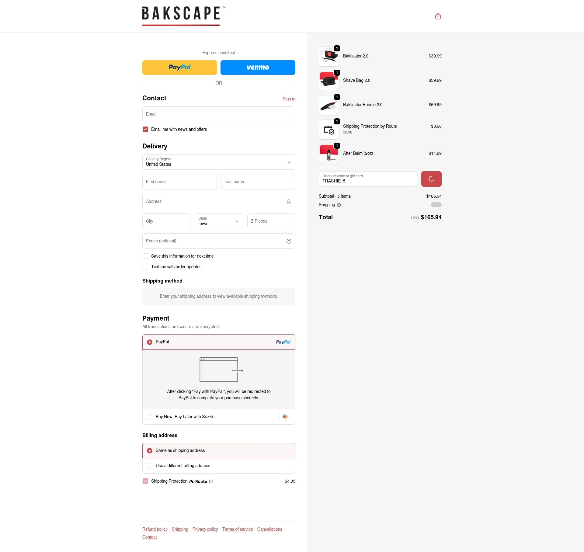 bakscape.com checkout page showing bakscape.com discount code box | Screenshot taken by SimplyCodes community member on Jan 9, 2026
