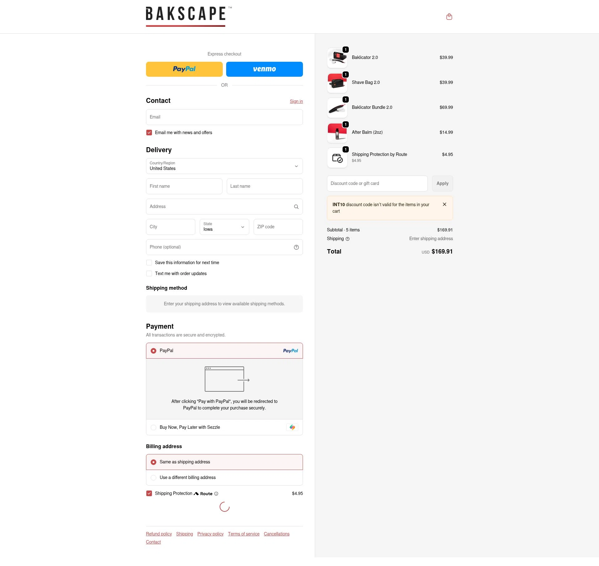 bakscape.com checkout page showing bakscape.com discount code box | Screenshot taken by SimplyCodes community member on Jan 9, 2026
