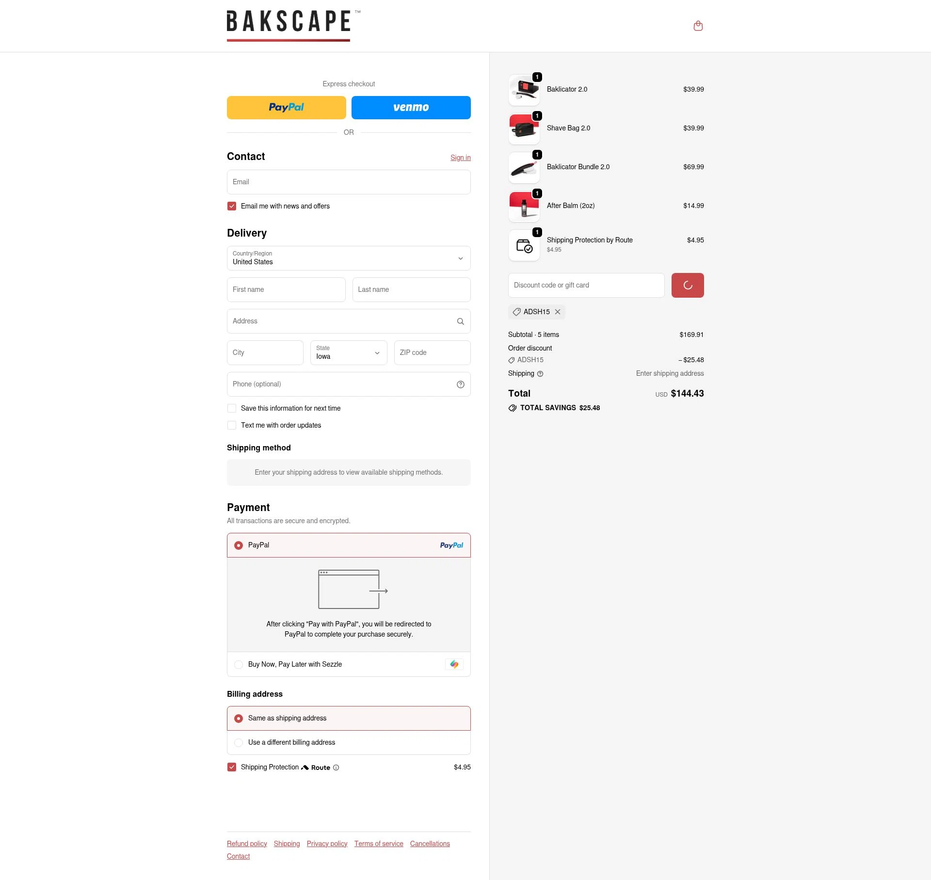 bakscape.com checkout page showing bakscape.com discount code box | Screenshot taken by SimplyCodes community member on Jan 9, 2026