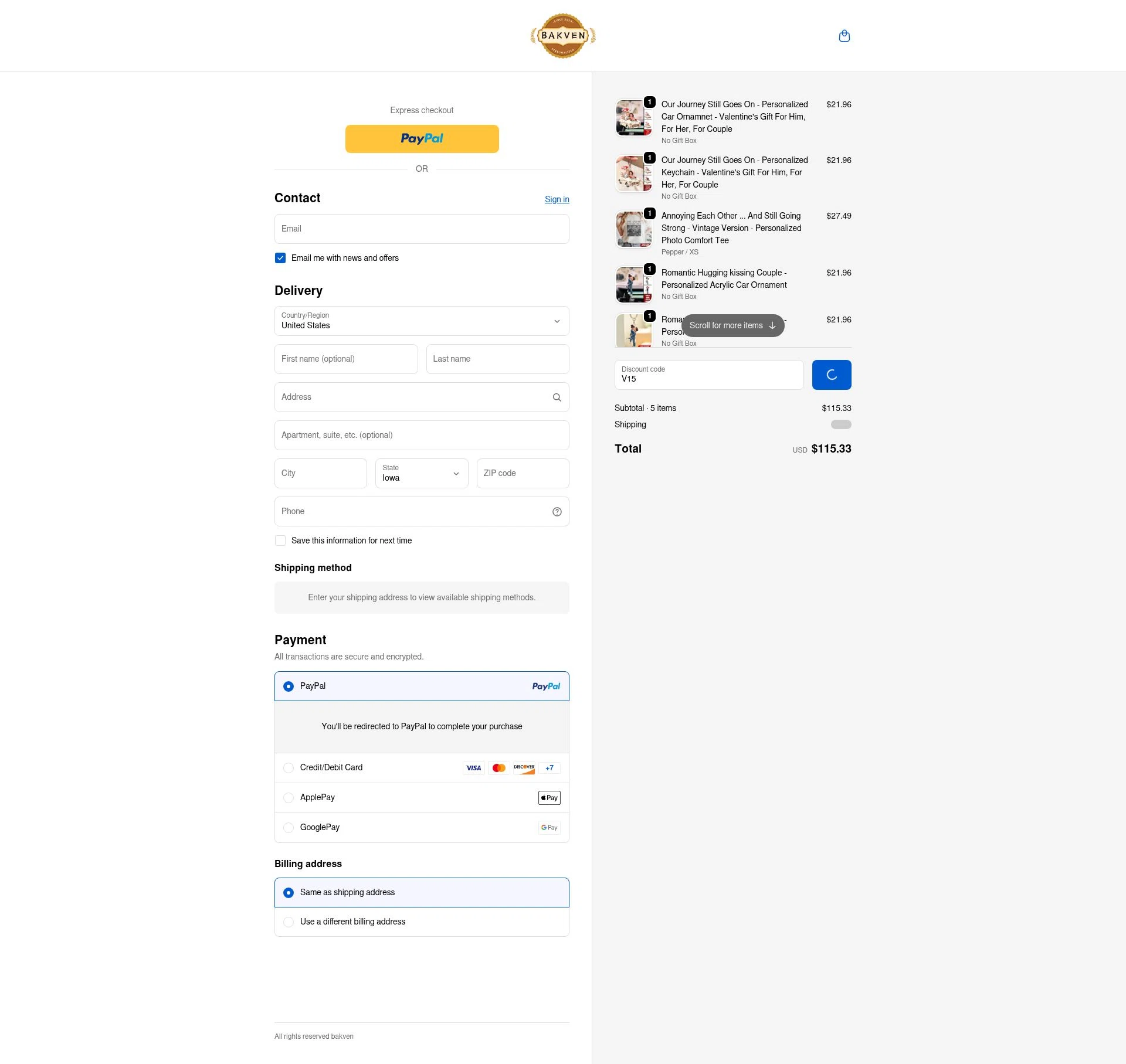 bakven checkout page showing bakven discount code box | Screenshot taken by SimplyCodes community member on Jan 27, 2026