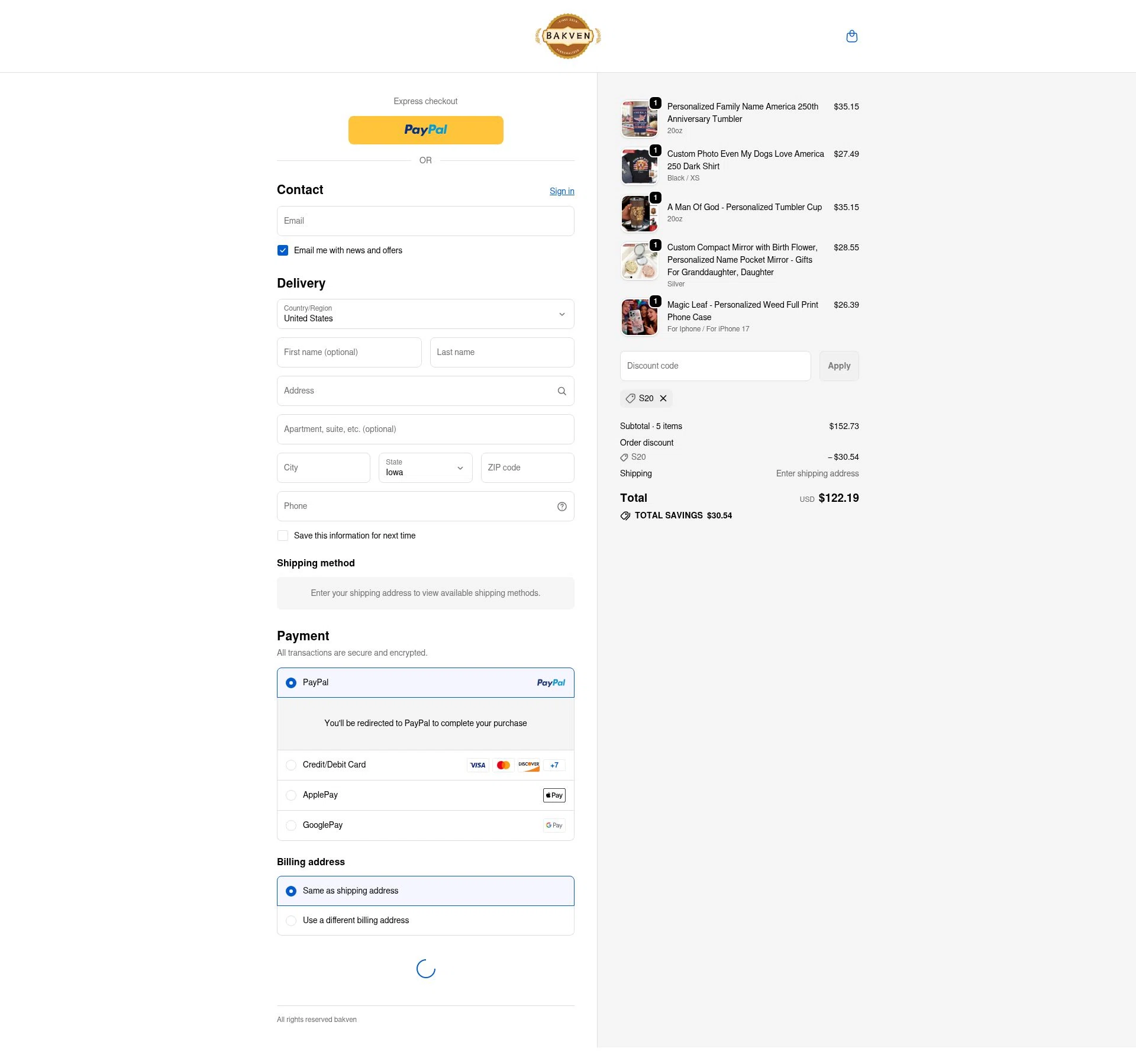 bakven checkout page showing bakven discount code box | Screenshot taken by SimplyCodes community member on Feb 5, 2026