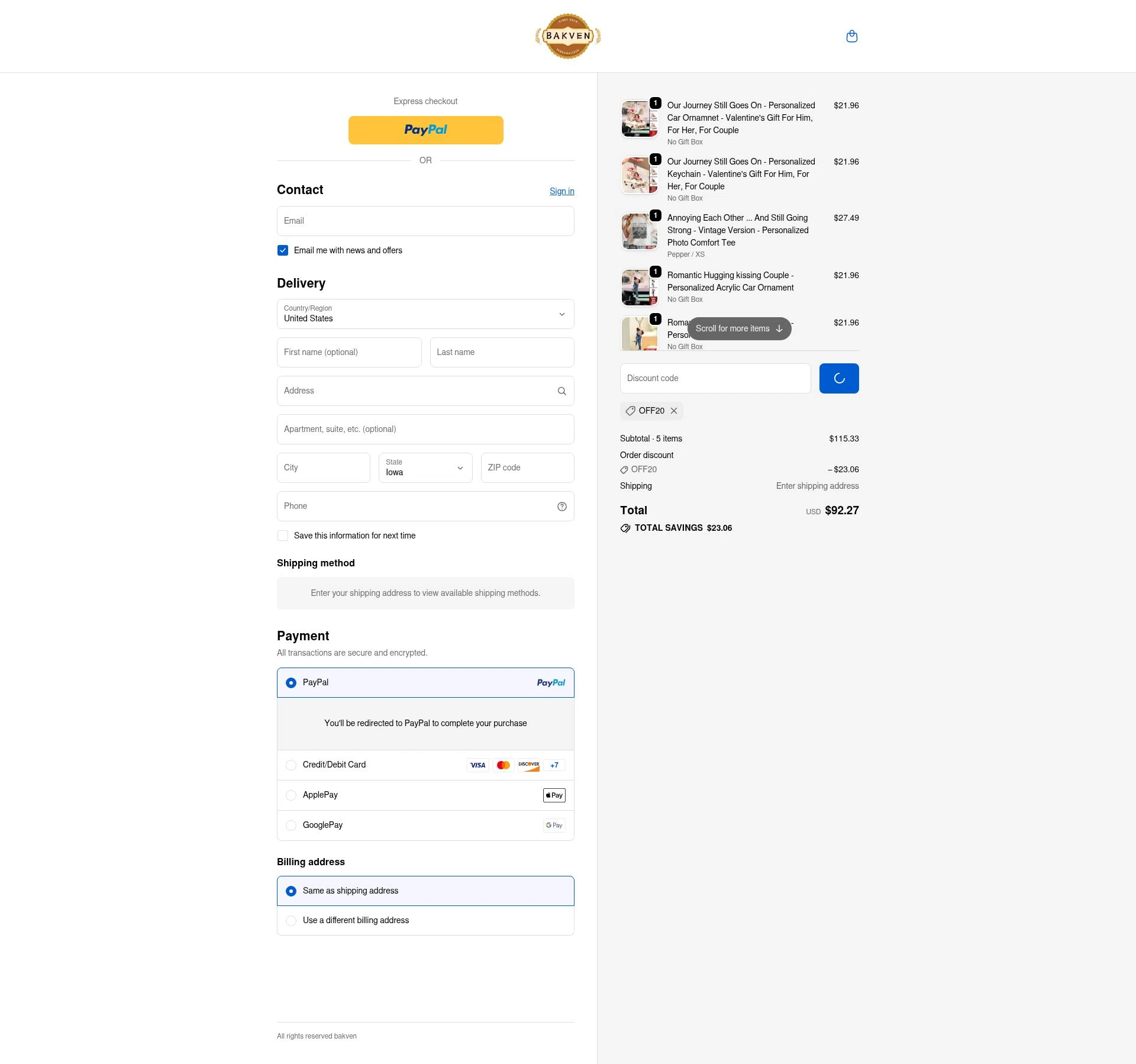 bakven checkout page showing bakven discount code box | Screenshot taken by SimplyCodes community member on Jan 31, 2026