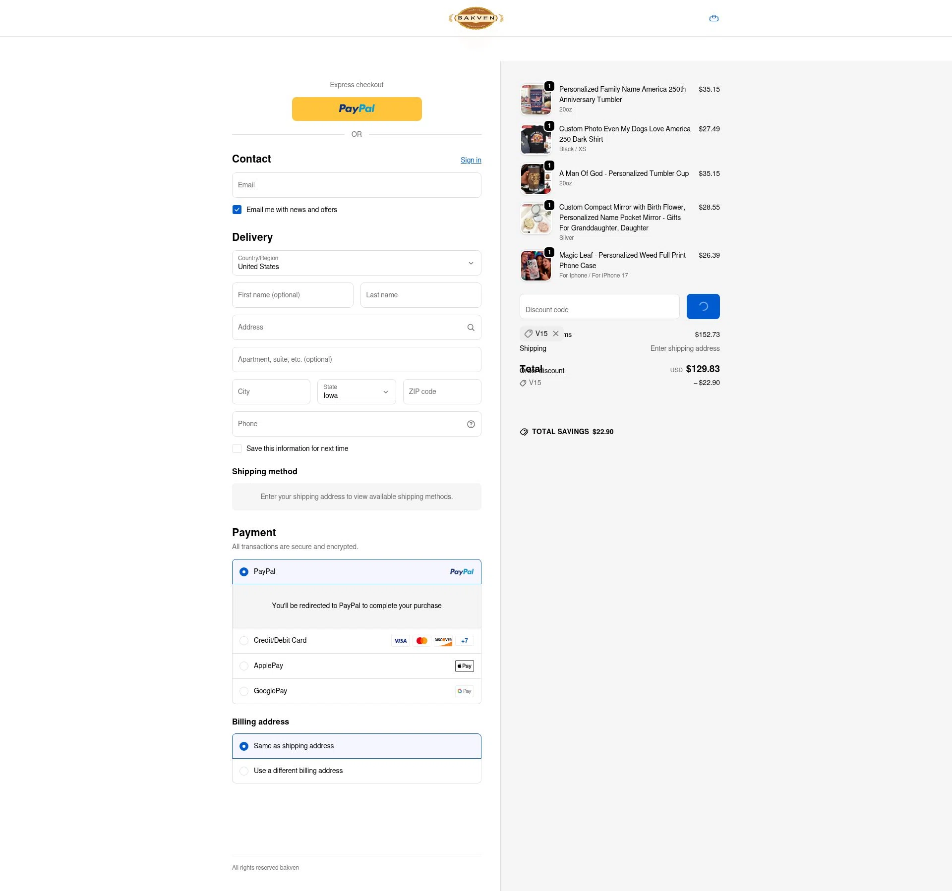 bakven checkout page showing bakven discount code box | Screenshot taken by SimplyCodes community member on Feb 5, 2026