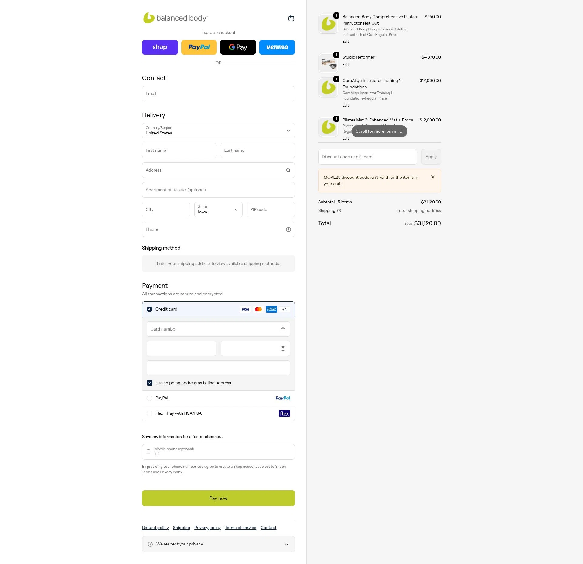Balanced Body checkout page showing Balanced Body promo code box | Screenshot taken by SimplyCodes community member on Feb 4, 2026