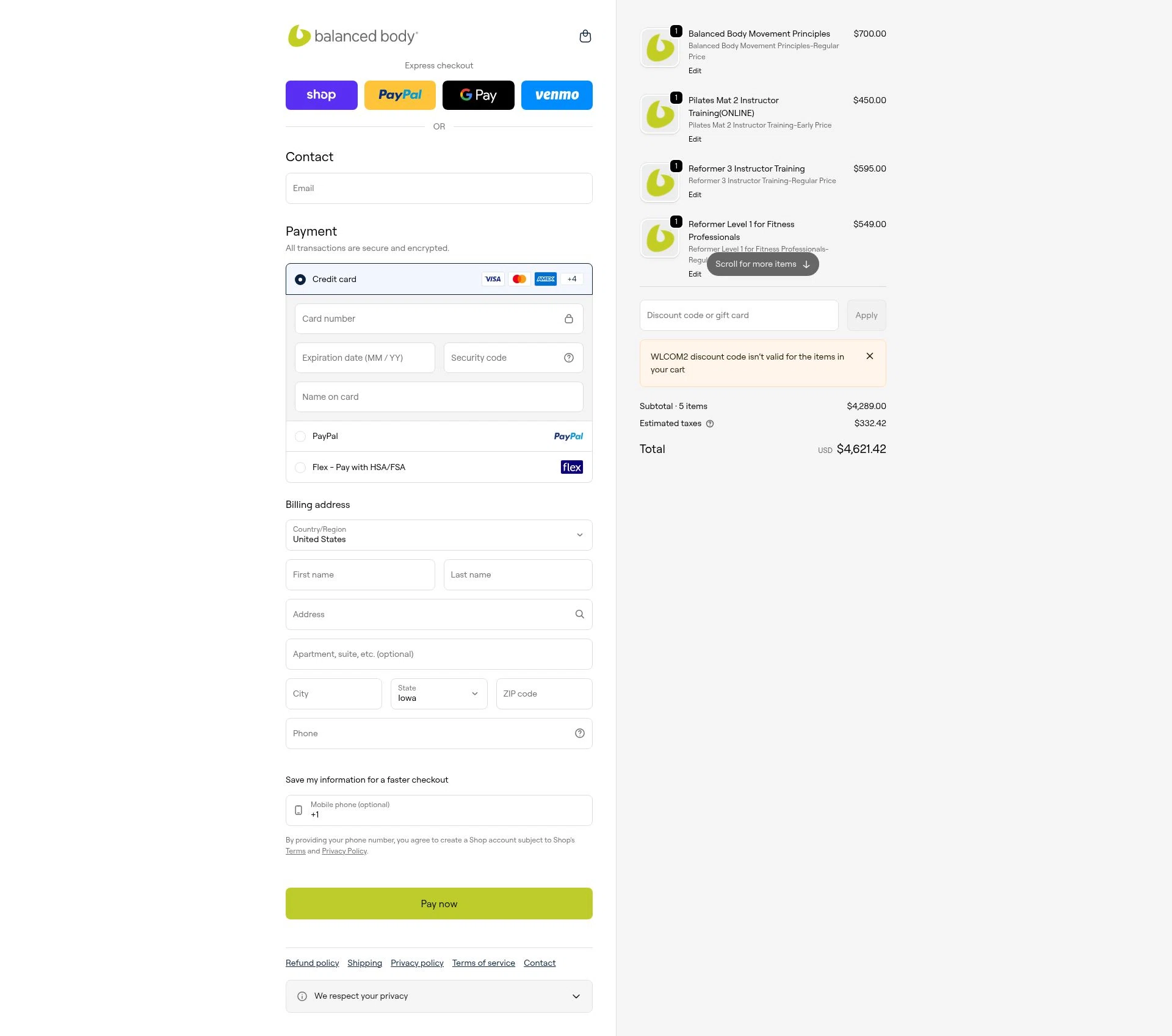Balanced Body checkout page showing Balanced Body promo code box | Screenshot taken by SimplyCodes community member on Jan 30, 2026