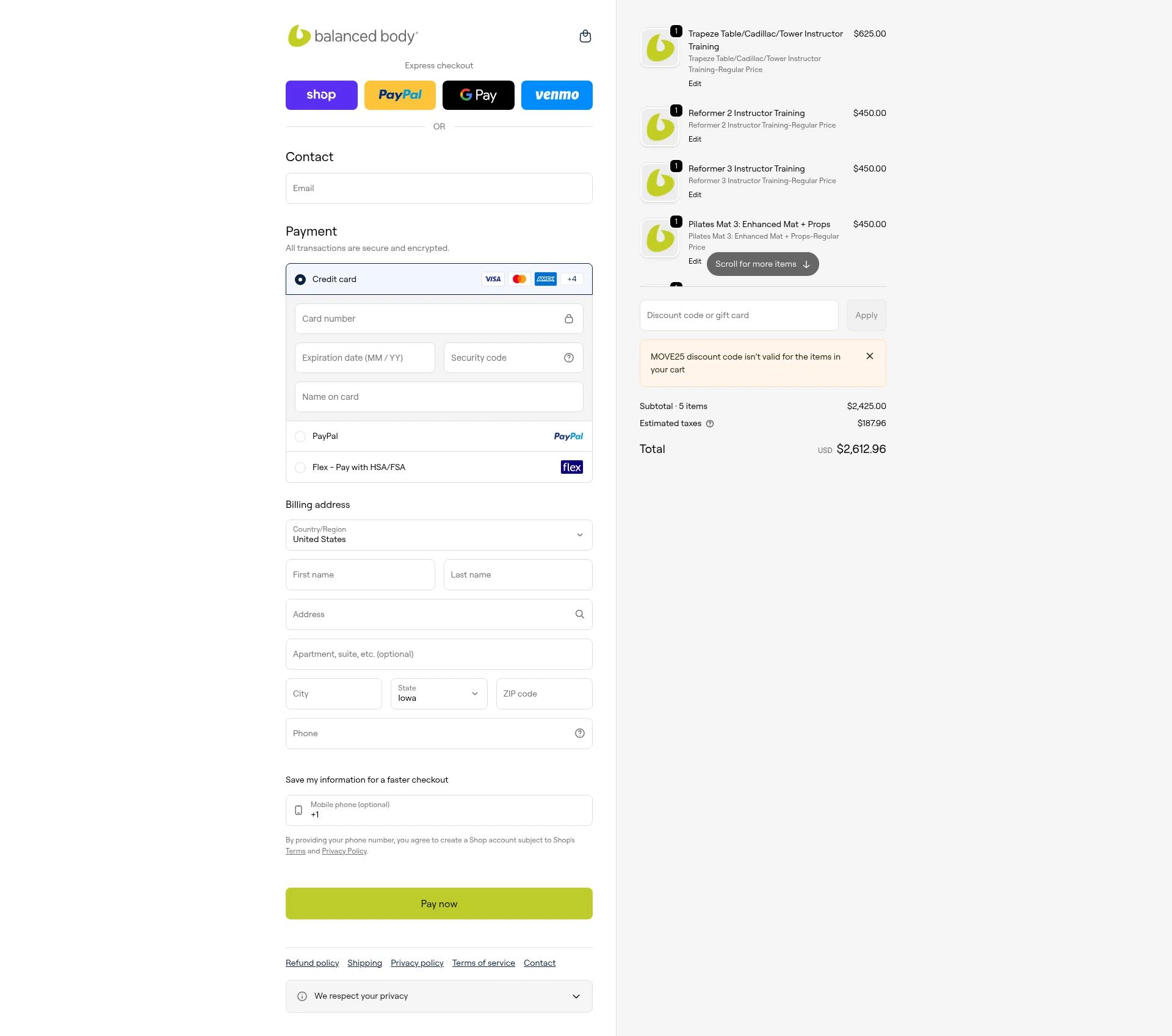 Balanced Body checkout page showing Balanced Body promo code box | Screenshot taken by SimplyCodes community member on Feb 12, 2026