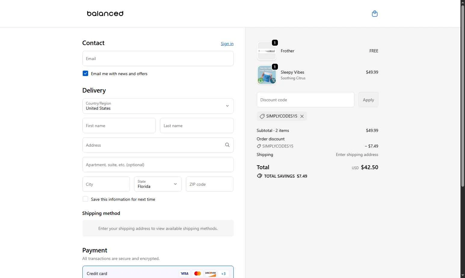 Balanced Supplements checkout page showing Balanced Supplements promo code box | Screenshot taken by SimplyCodes community member on Oct 6, 2025