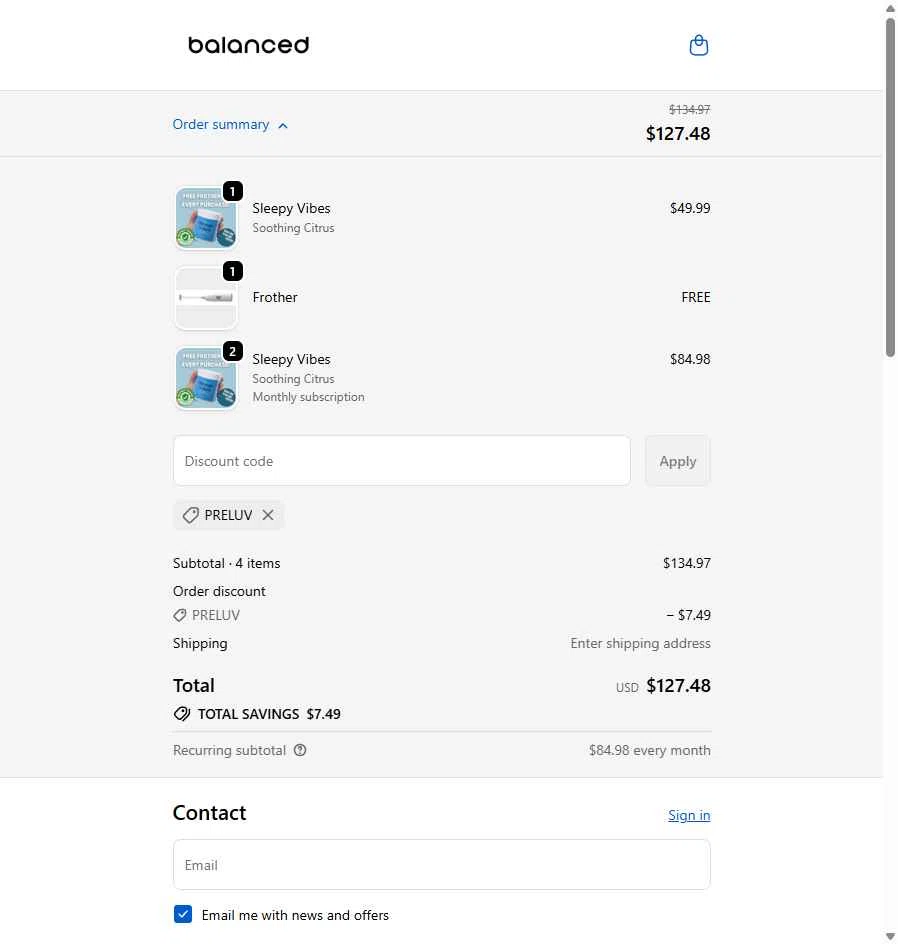 Balanced Supplements checkout page showing Balanced Supplements promo code box | Screenshot taken by SimplyCodes community member on Oct 26, 2025