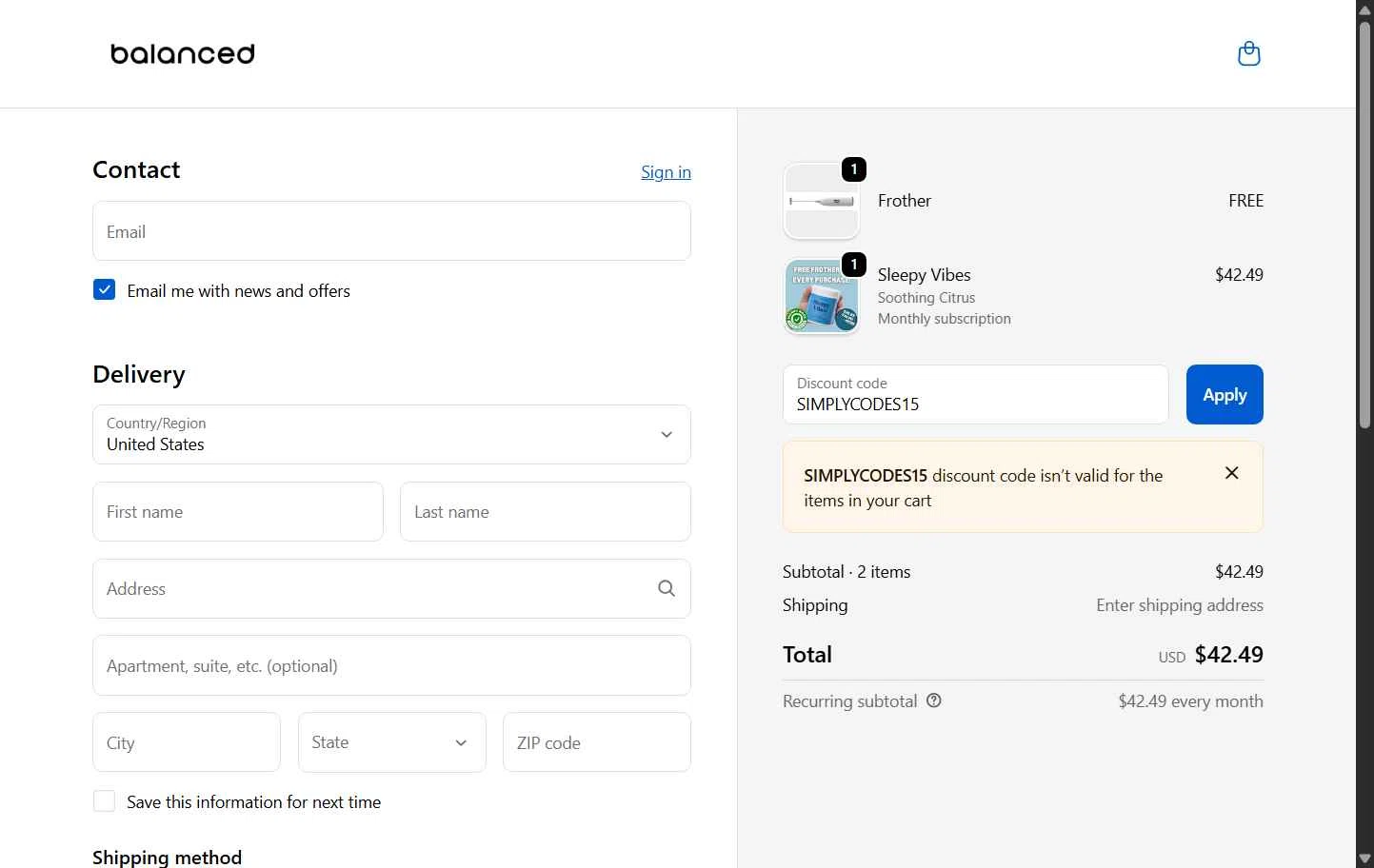Balanced Supplements checkout page showing Balanced Supplements promo code box | Screenshot taken by SimplyCodes community member on Dec 3, 2025