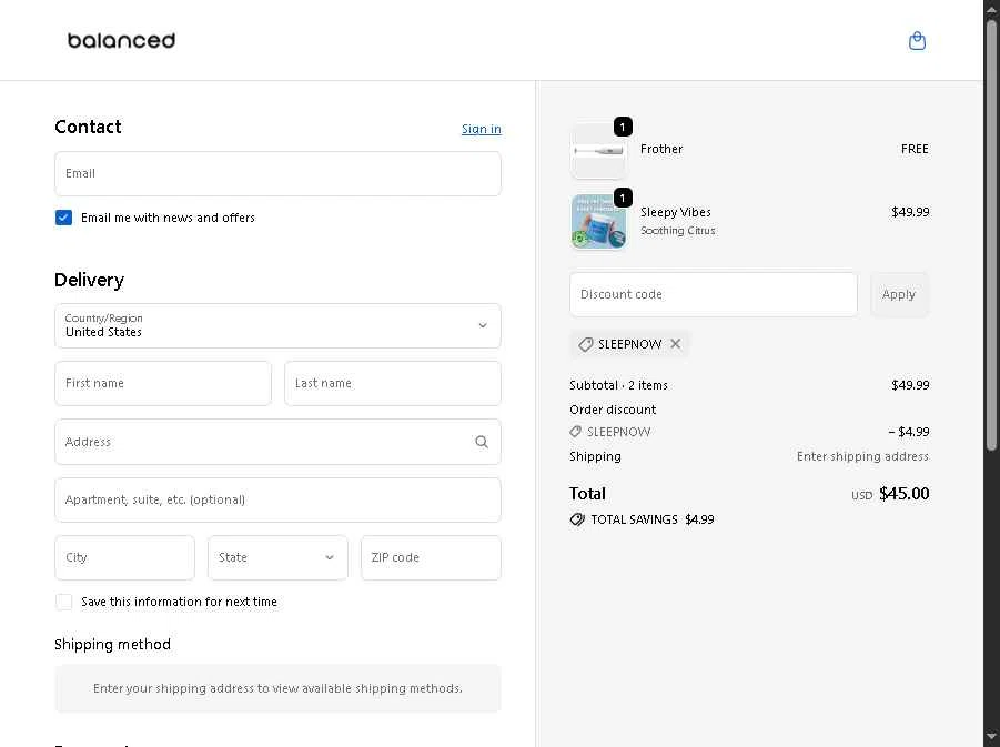 Balanced Supplements checkout page showing Balanced Supplements promo code box | Screenshot taken by SimplyCodes community member on Dec 16, 2025