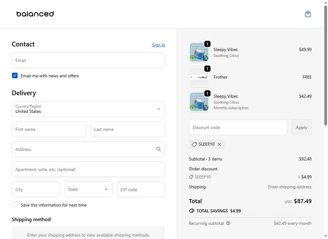 Balanced Supplements checkout page showing Balanced Supplements promo code box | Screenshot taken by SimplyCodes community member on Sep 29, 2025